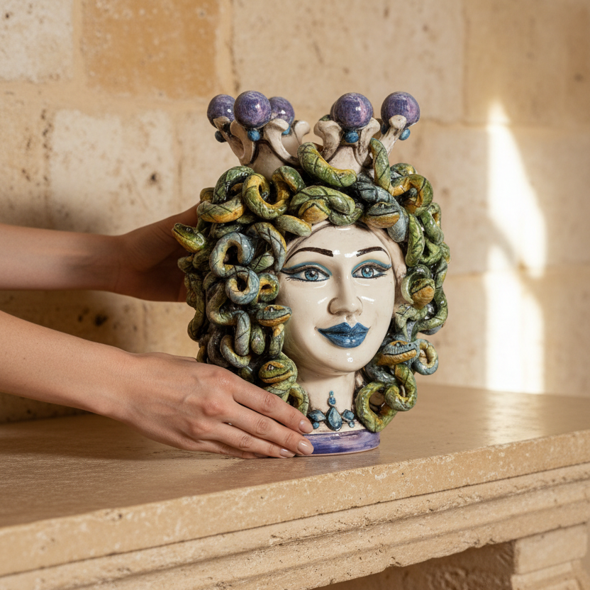 Medusa head, wisteria lustre, hair of snakes. Sicilian ceramics from Caltagirone, Sofia