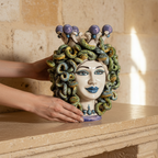 Medusa head, wisteria lustre, hair of snakes. Sicilian ceramics from Caltagirone, Sofia