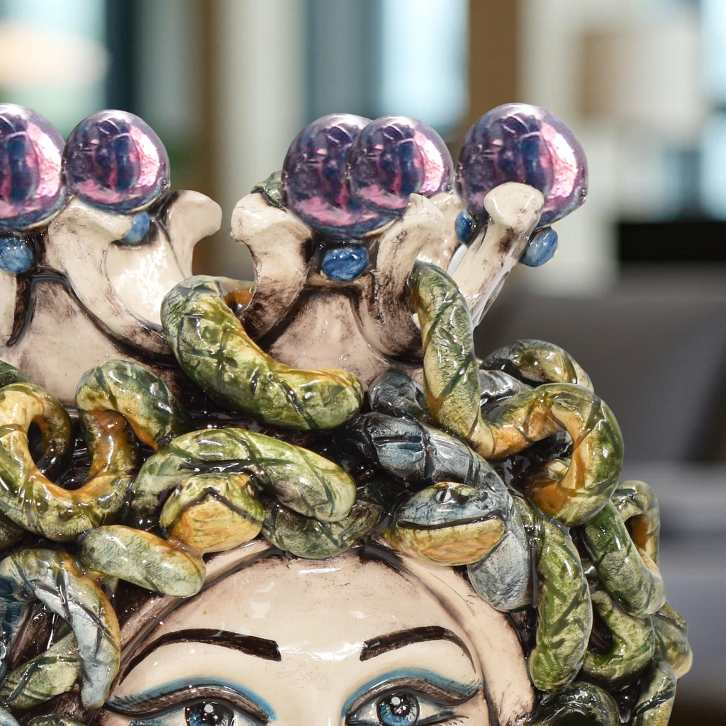 Medusa head h 25 with turban, Wisteria Lustre, Ceramiche di Caltagirone Sofia