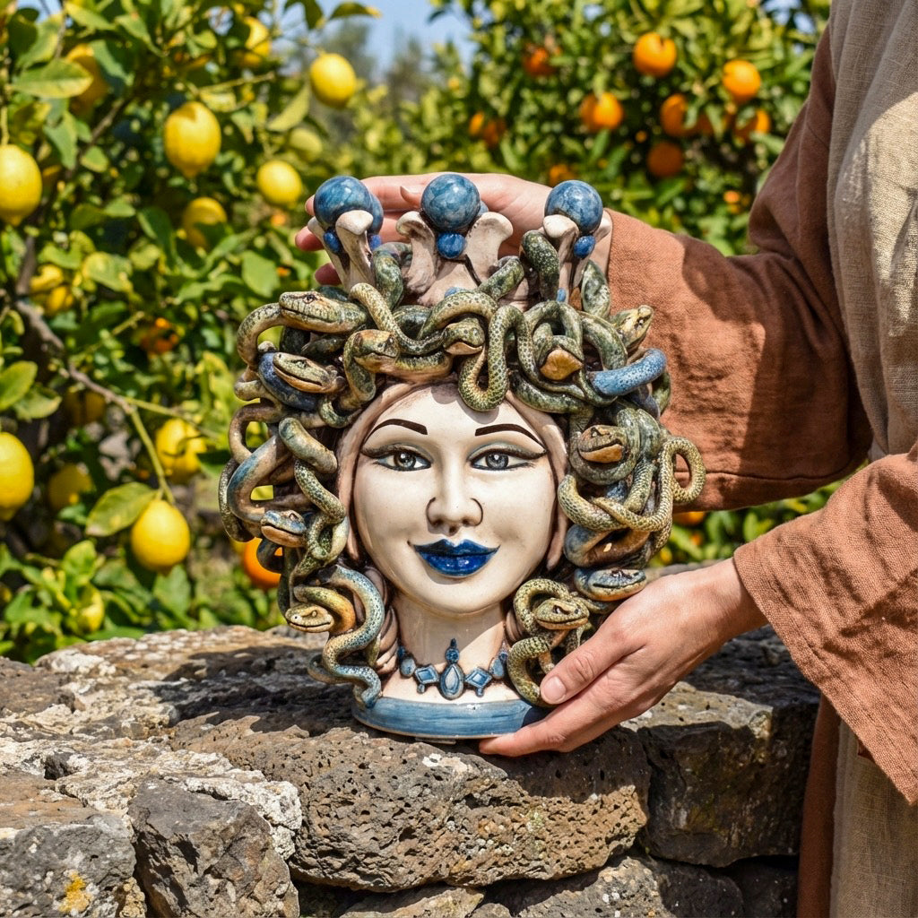 Kopf Medusa H 25 mit Turban, farbiges Perlmutt, blaue Perlen, Ceramiche di Caltagirone Sofia