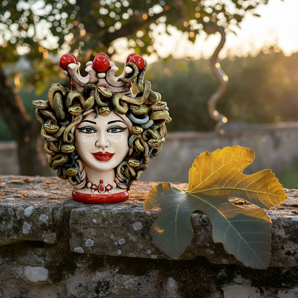 Testa di Moro Medusa h 25 cm / 9¾", Mother of Pearl with Red Beads | Caltagirone Ceramics