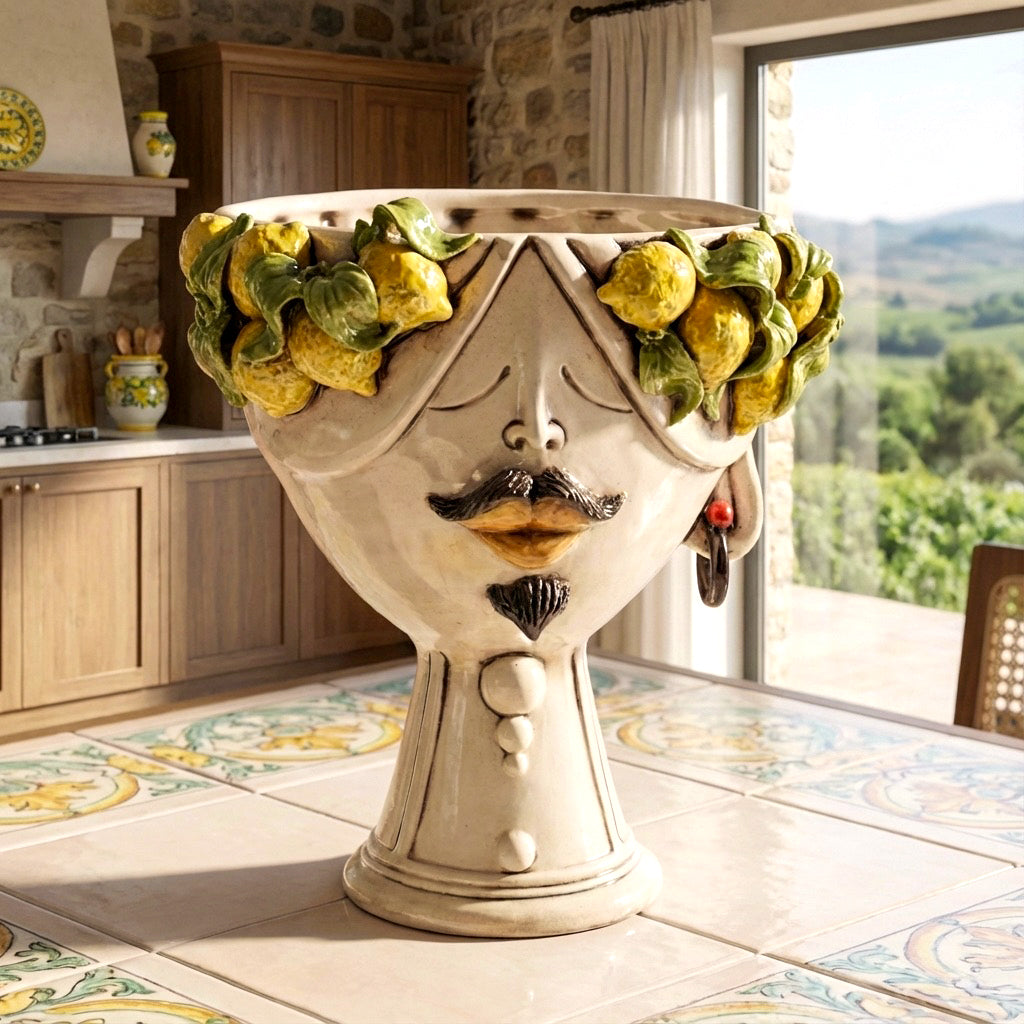 Male Zahira head with lemons, moustache and earring, on a majolica table in a country kitchen