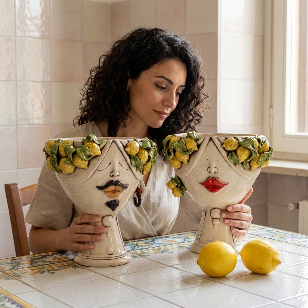 Woman with the pair of Zahira heads with lemons, man and woman, and fresh lemons on the table