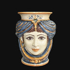 Handmade Caltagirone ceramic with hand-painted female face, blue and gold