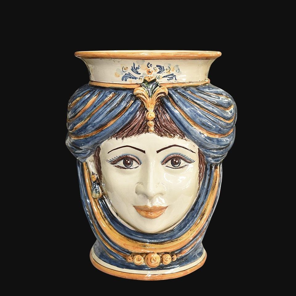 Handmade Caltagirone ceramic with hand-painted female face, blue and gold