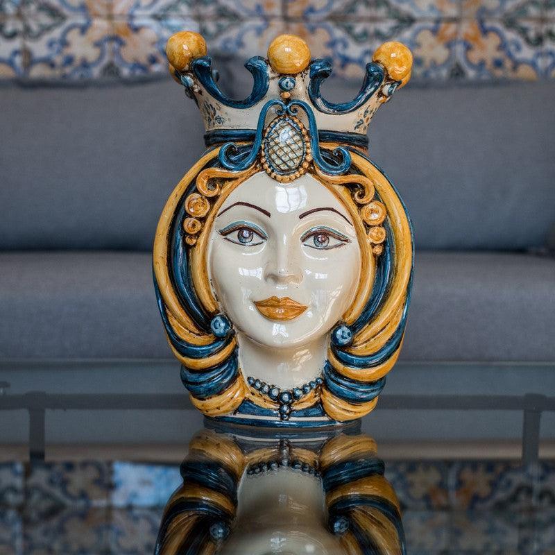 Testa di Moro, Donna, Blu e Arancio, corona e dettagli e oro. Ceramiche Sofia, Caltagirone