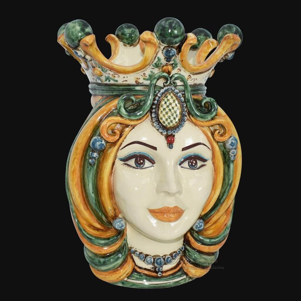 Handmade Caltagirone ceramics, regal mask with crown and vivid colours