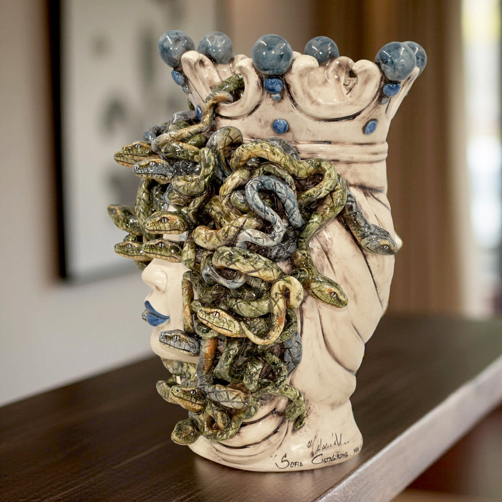 Medusa head h 38, antique mother of pearl with blue beads, Ceramiche di Caltagirone Sofia