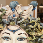 Medusa head h 38, antique mother of pearl with blue beads, Ceramiche di Caltagirone Sofia