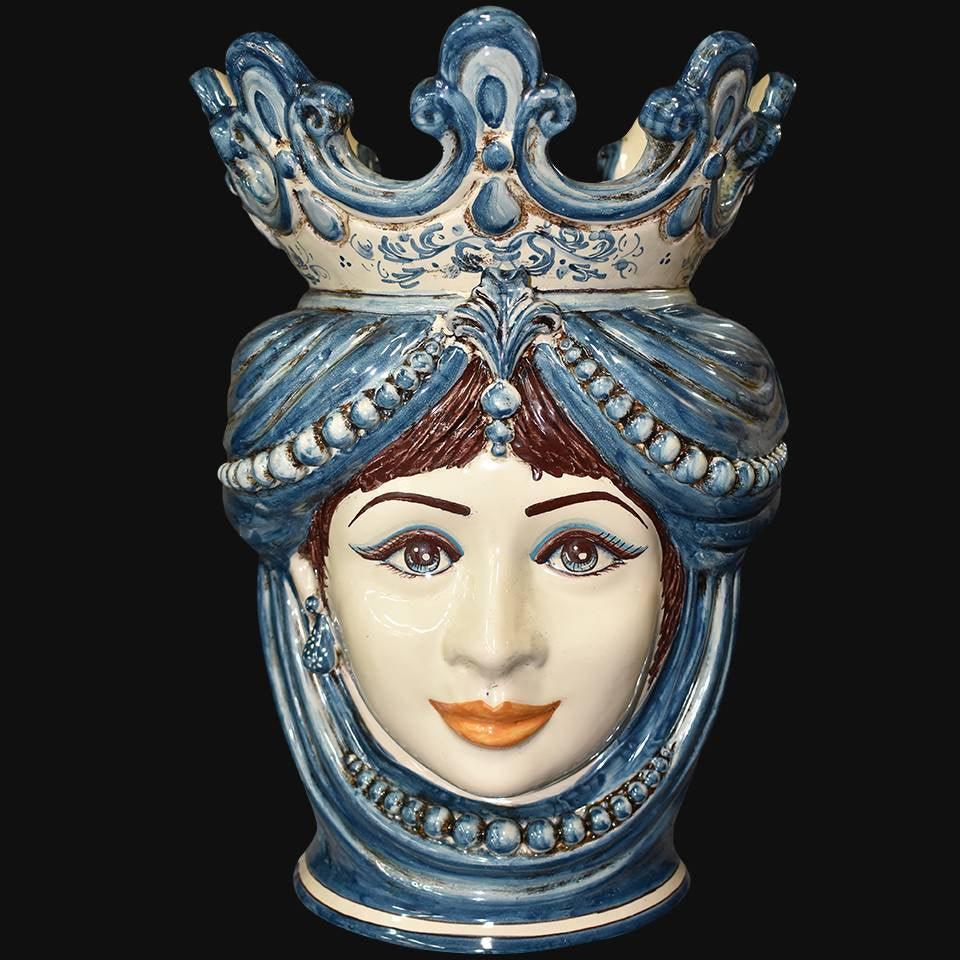Handmade Caltagirone ceramics: blue regal head with crown, traditional Sicilian art