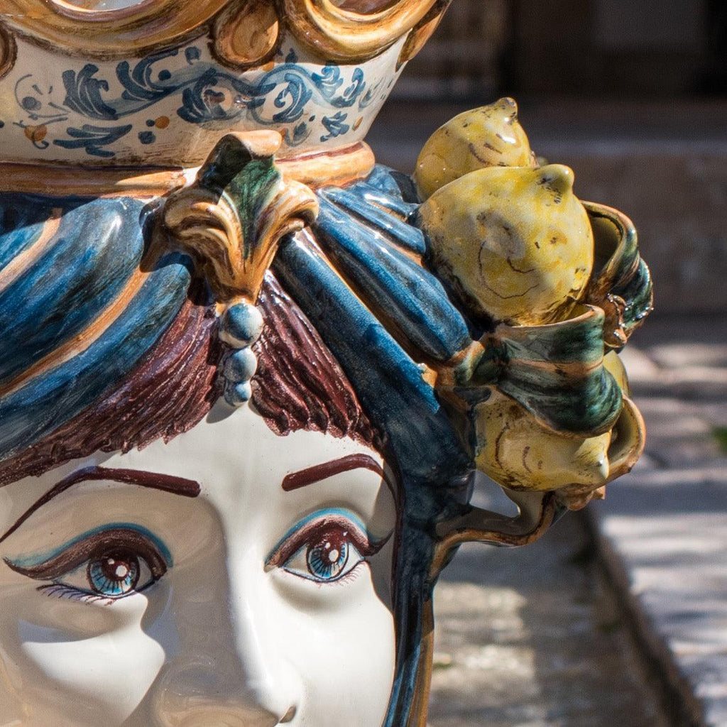 Female Testa di Moro, Caltagirone ceramics Sofia, lemons, blue and orange, handmade Caltagirone ceramics