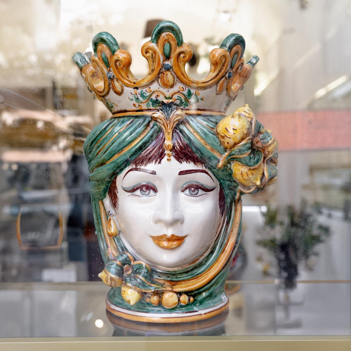 Head h 40, lemons, green and orange, woman, Ceramiche di Caltagirone Sofia