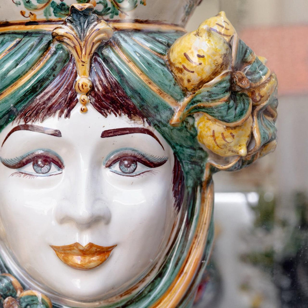 Head h 40, lemons, green and orange, woman, Ceramiche di Caltagirone Sofia
