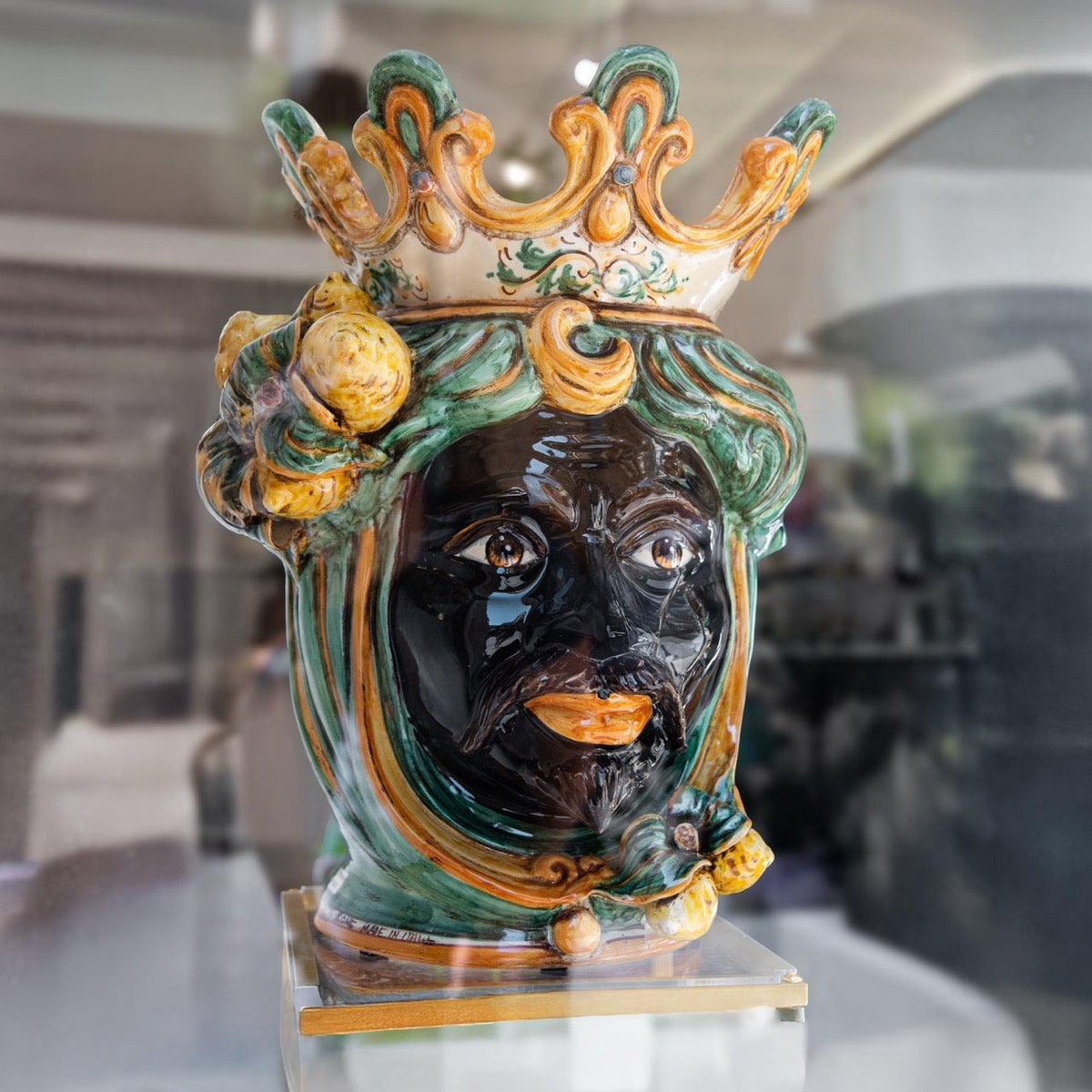 Head h 40, lemons, green and orange, Moor male, Ceramiche di Caltagirone Sofia
