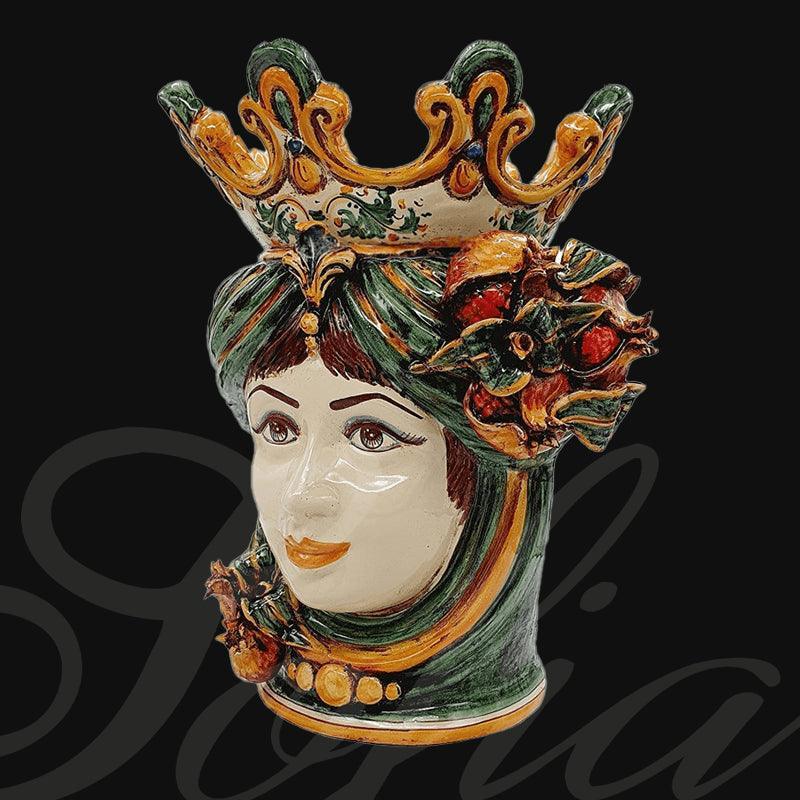 Handmade Caltagirone ceramics: female head with crown and flowers, traditional Sicilian art