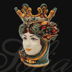 Handmade Caltagirone ceramics: female head with crown and flowers, traditional Sicilian art