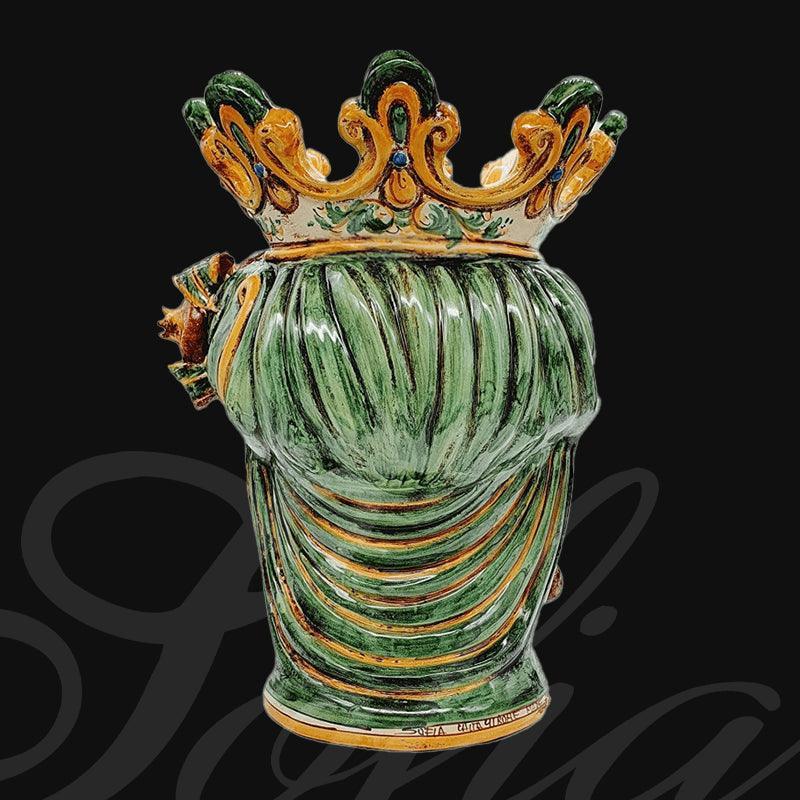 Handmade Caltagirone ceramics with decorated crown, green and gold, traditional Sicilian style