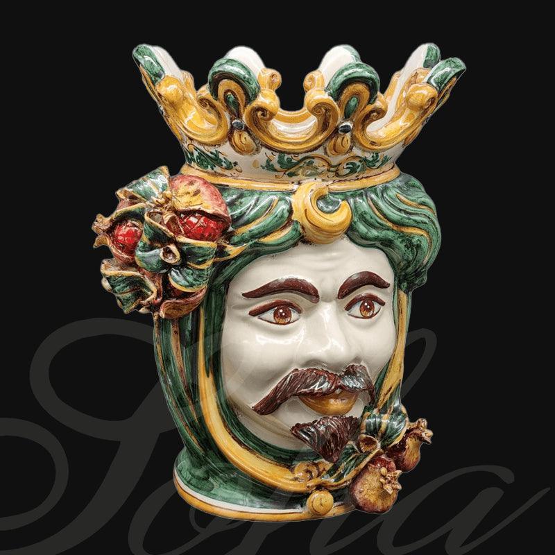 Handmade Caltagirone ceramics with regal face, crown and colourful details