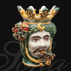 Handmade Caltagirone ceramics with regal face, crown and colourful details