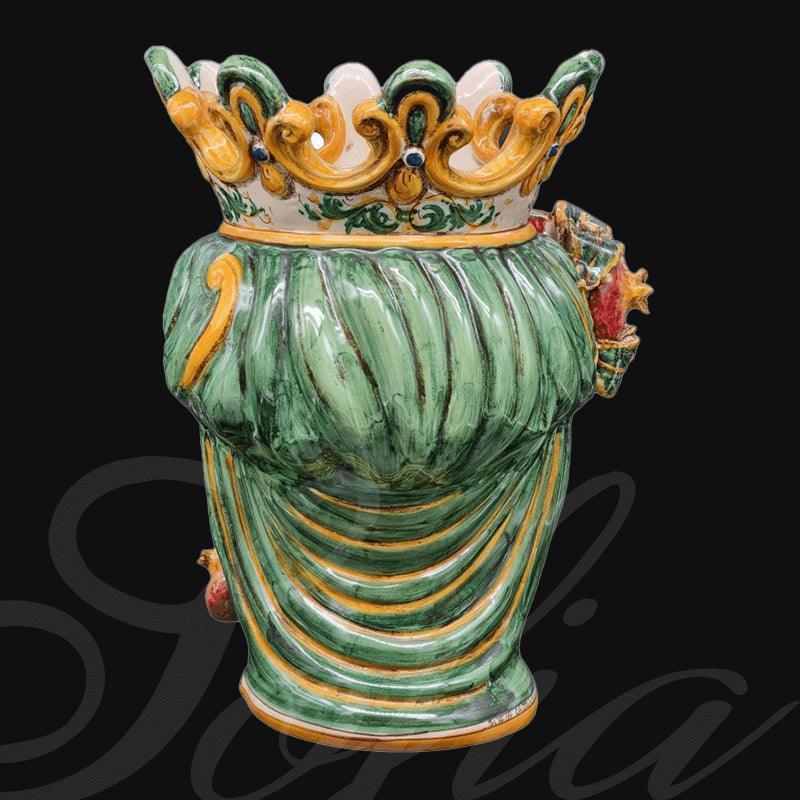 Handmade Caltagirone ceramics, green and yellow decorative vase with crown and handcrafted details