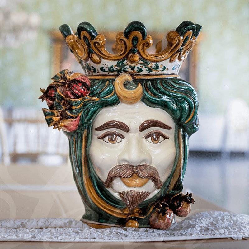 Handmade Caltagirone ceramics with bearded face and crown, traditional Sicilian art