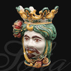 Handmade Caltagirone ceramics with a regal face and colourful crown
