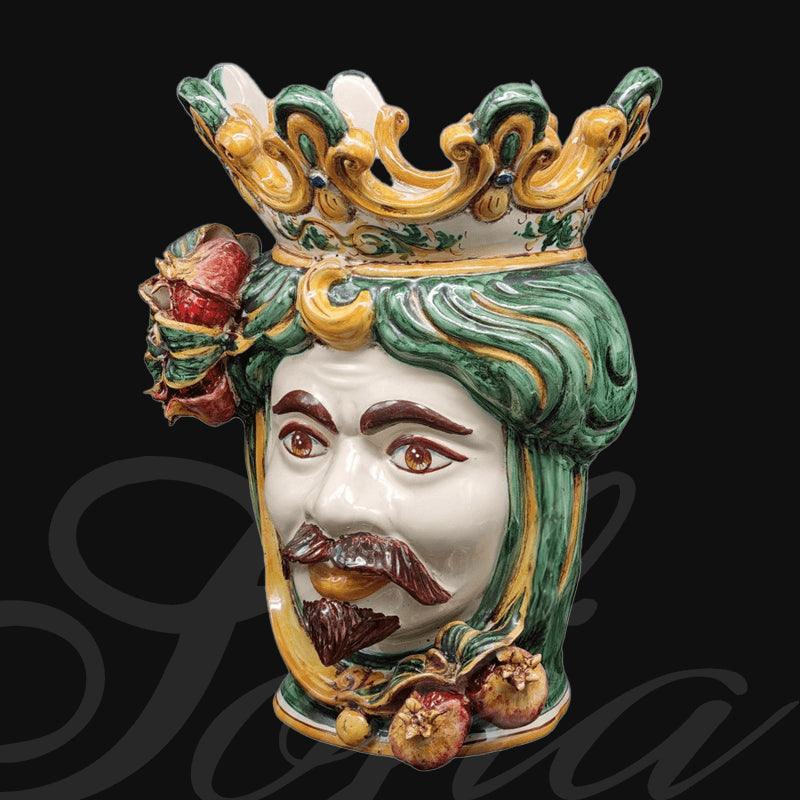 Handmade Caltagirone ceramics with a regal face and colourful crown