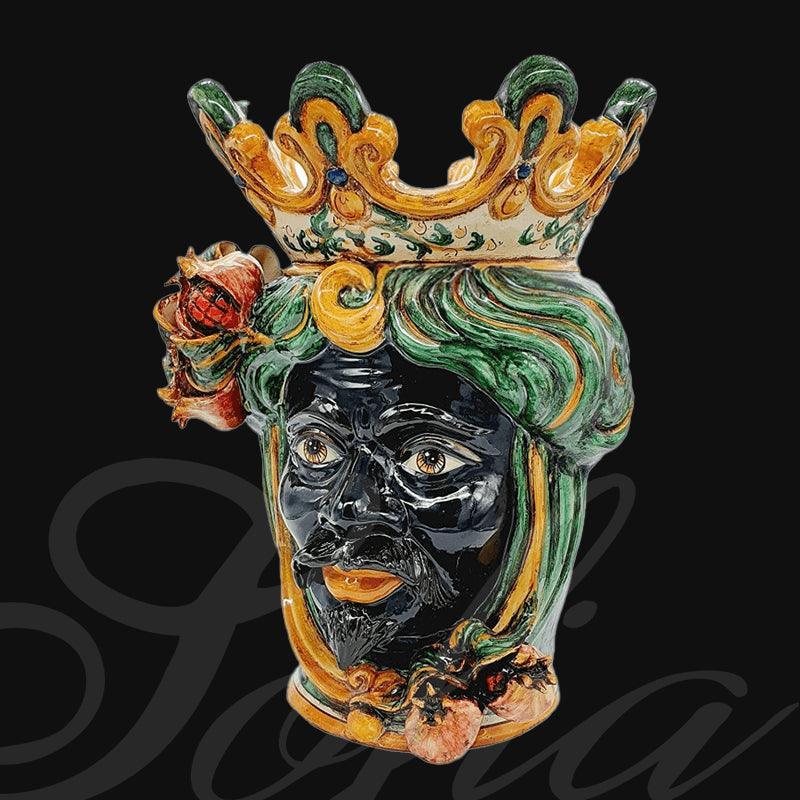 Handmade Caltagirone ceramics with black face, crown and colourful flowers