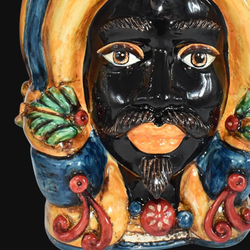 Testa di Moro with turban, Moor male, blue and orange, vivid colours and decorative details. Ceramiche Sofia, Caltagirone