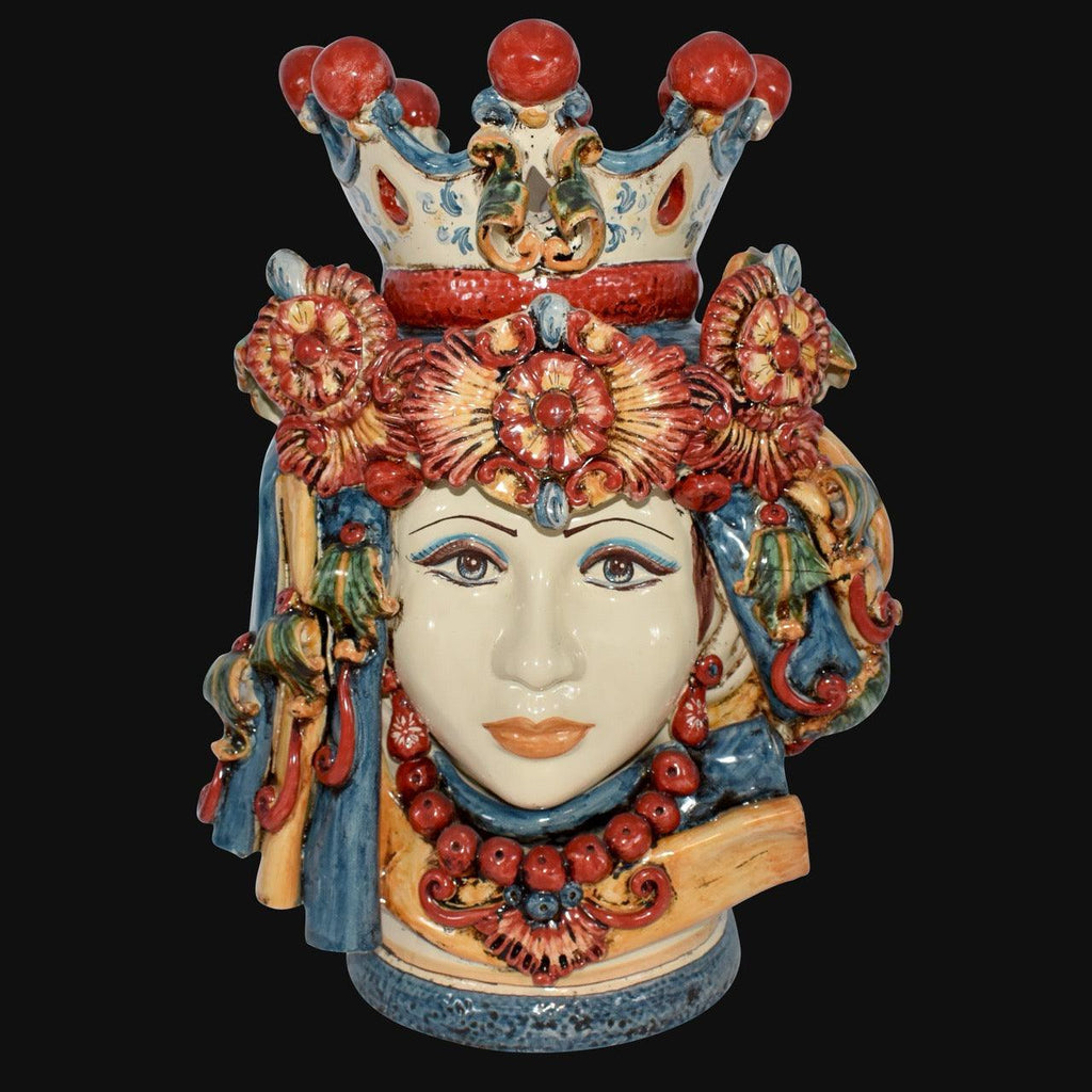 50 cm female Testa di Moro with turban, Decoro Sicily, front view on black: crown, flowers and red beads