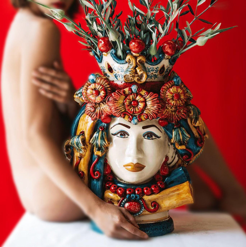 50 cm female Testa di Moro with turban, Decoro Sicily, with olive branches on the crown, on a red background
