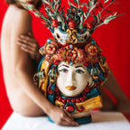 50 cm female Testa di Moro with turban, Decoro Sicily, with olive branches on the crown, on a red background