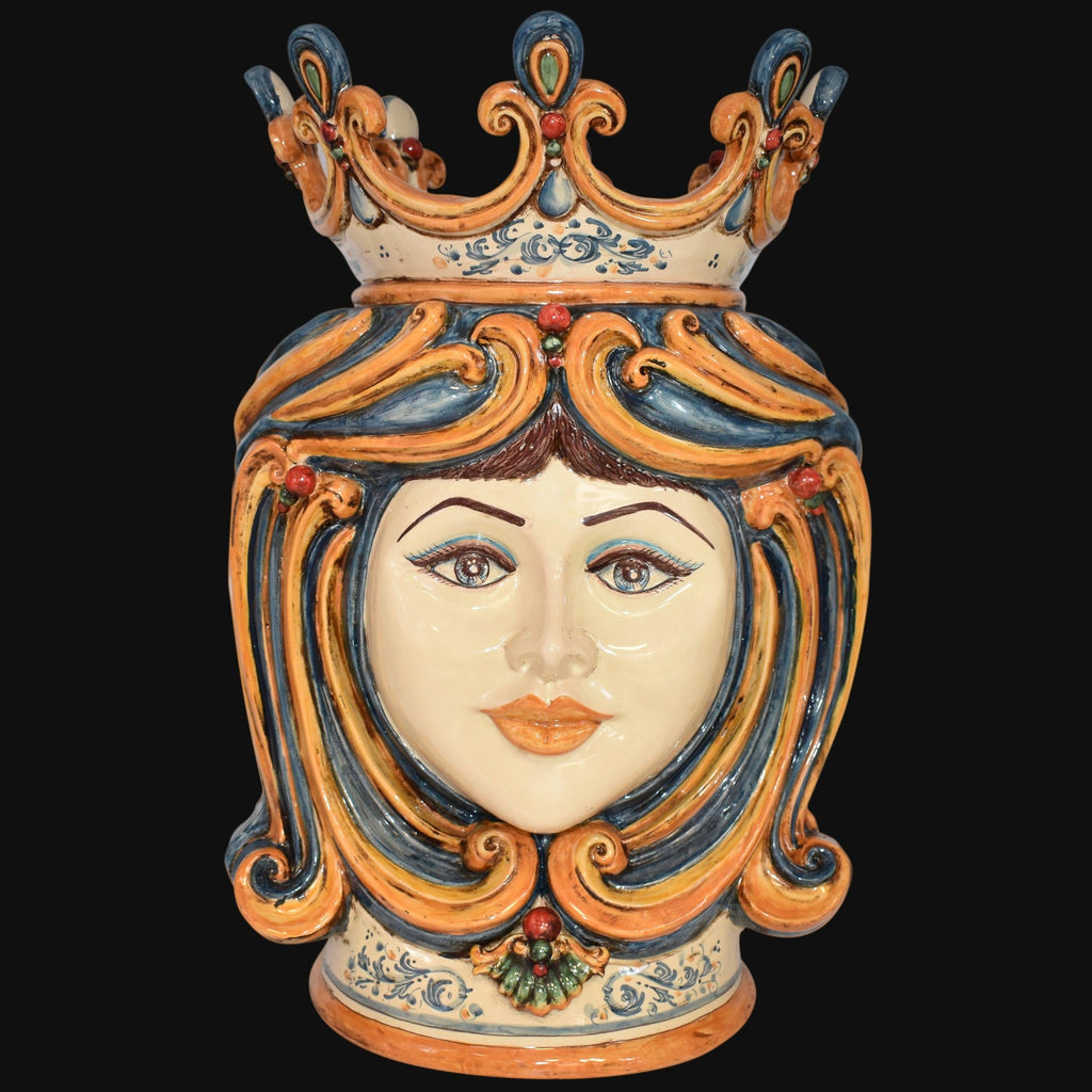 Testa di Moro, Frau, Blau und Orange, Krone und farbige Verzierungen. Sizilianische Keramik aus Caltagirone, Sofia