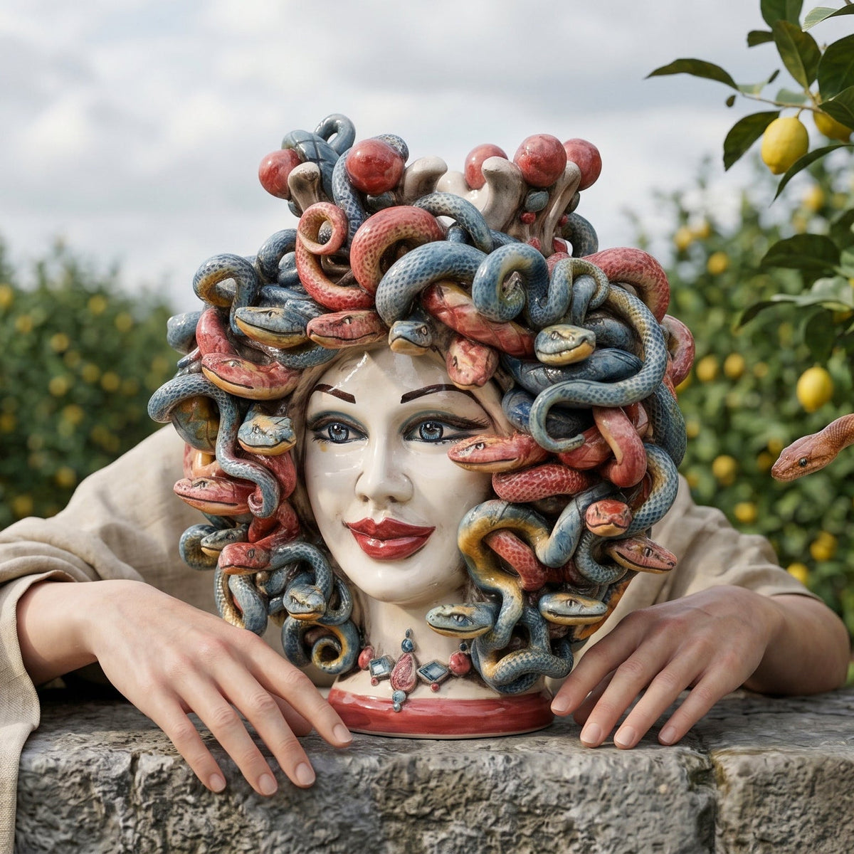 Medusa head, Moor male, with Bordeaux beads, hair of snakes. Sicilian ceramics from Caltagirone, Sofia