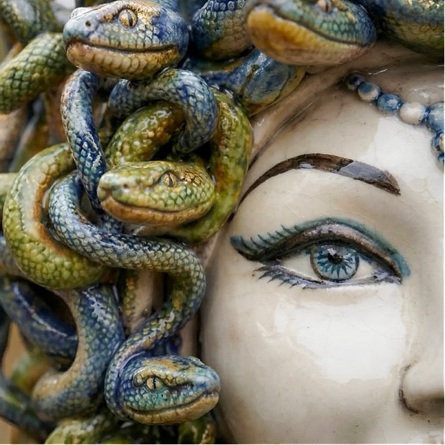 Medusa-Kopf, antikes Perlmutt, blaue Perlen, Schlangenhaar. Sizilianische Keramik aus Caltagirone, Sofia