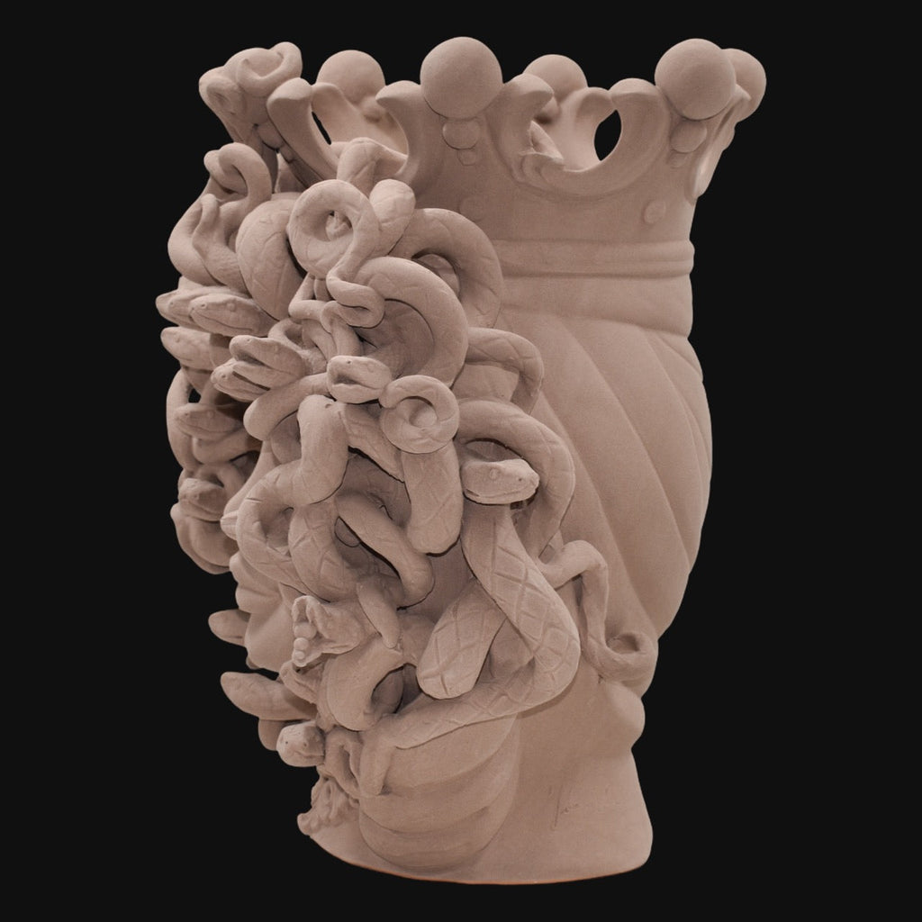 Medusa head, Matte Taupe, hair of snakes. Ceramiche Sofia, Caltagirone