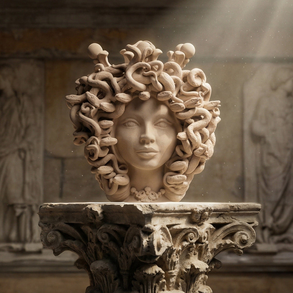 Medusa head, Matte Taupe, hair of snakes. Ceramiche Sofia, Caltagirone