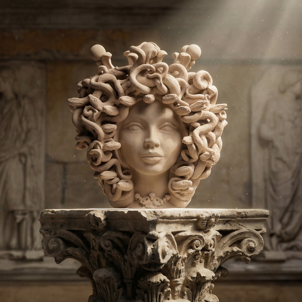 Medusa head, Matte Taupe, hair of snakes. Ceramiche Sofia, Caltagirone