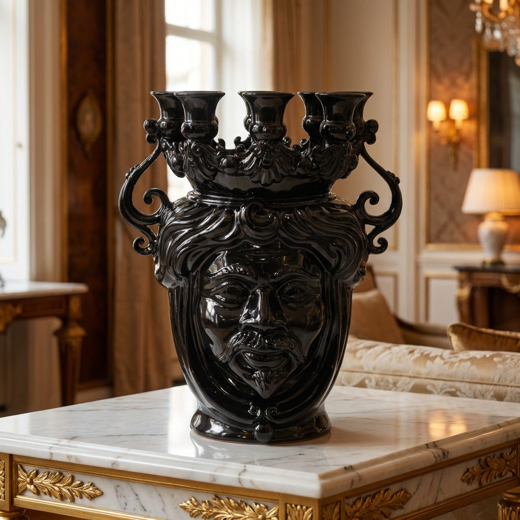 40 cm Black Line candle-holder head in glossy black with five candle cups, on a marble table