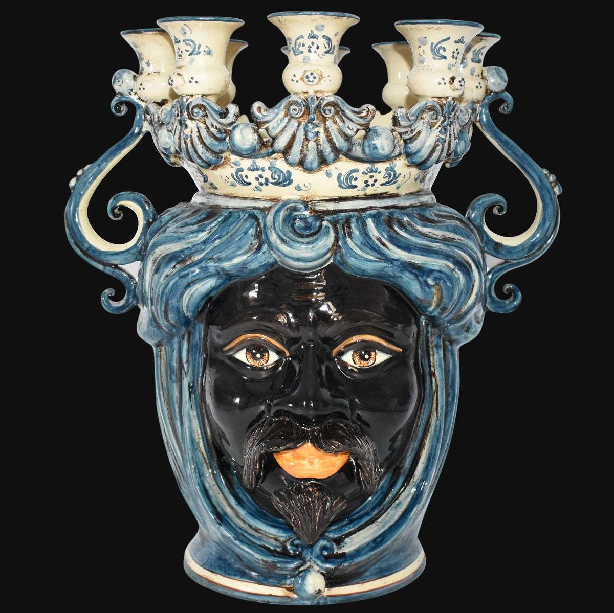 Handmade Caltagirone ceramics with bearded face and candelabrum, blue and white decorations